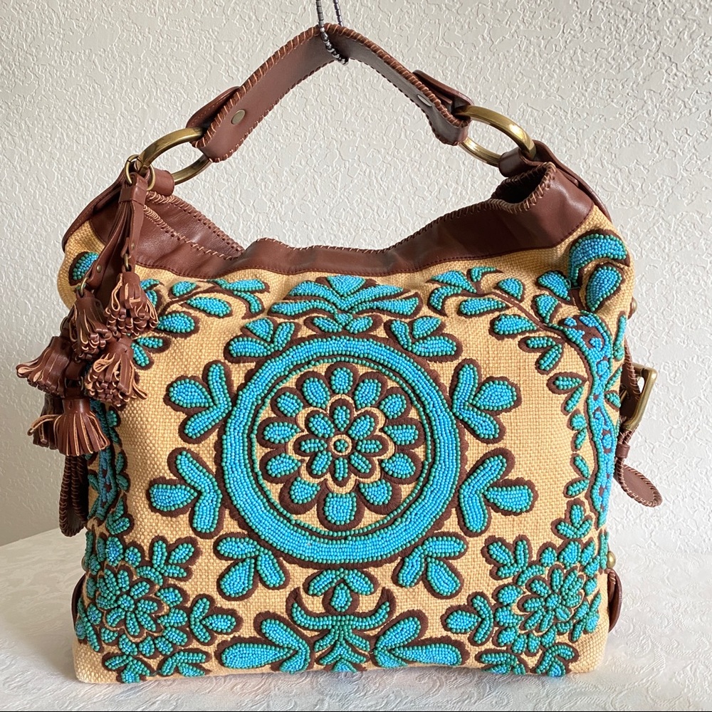ISABELLA FIORE Turquoise Beaded embroidered Large Hobo bag